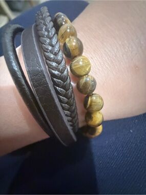 Brown Leather Wrap & Tiger Eye Bead Bracelet Stack
